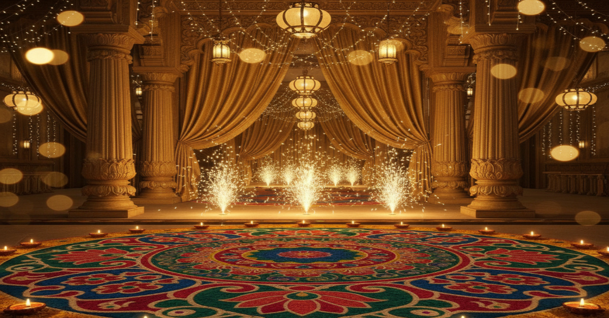 A decorated hall for Diwali celebration with Candles, Lights, Rangoli etc